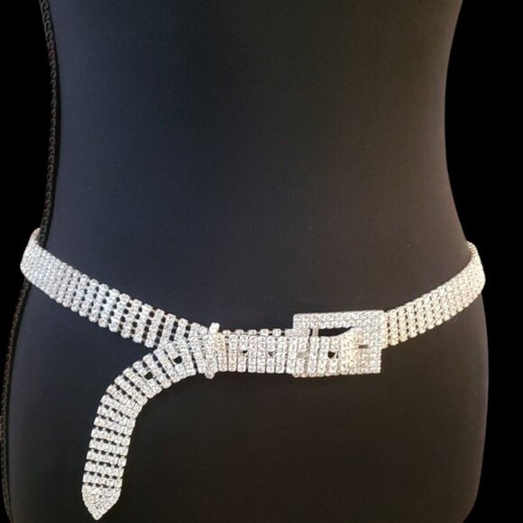 Embellished Silver Clear Rhinestone Diamanté 5 Row Chain Link Adjustable Belt main image 8